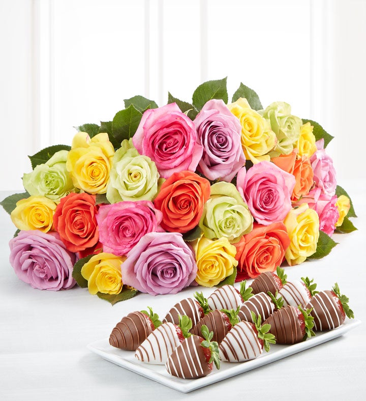 Deliciously Decadent™ Assorted Roses & Drizzled Strawberries