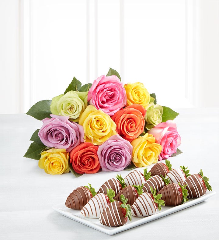 Deliciously Decadent™ Assorted Roses & Drizzled Strawberries