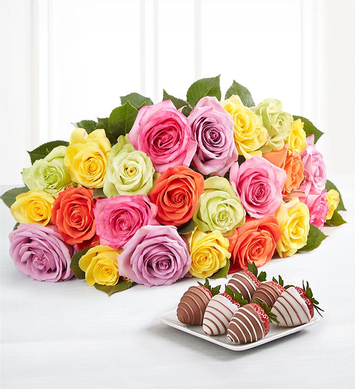 Deliciously Decadent™ Assorted Roses & Drizzled Strawberries