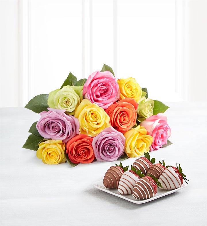 Deliciously Decadent™ Assorted Roses & Drizzled Strawberries