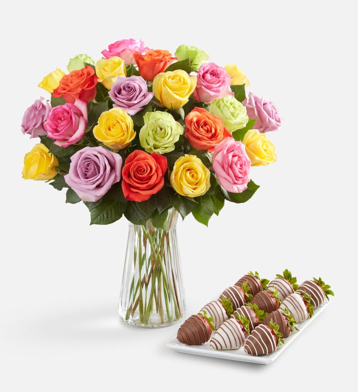 Deliciously Decadent™ Assorted Roses & Drizzled Strawberries