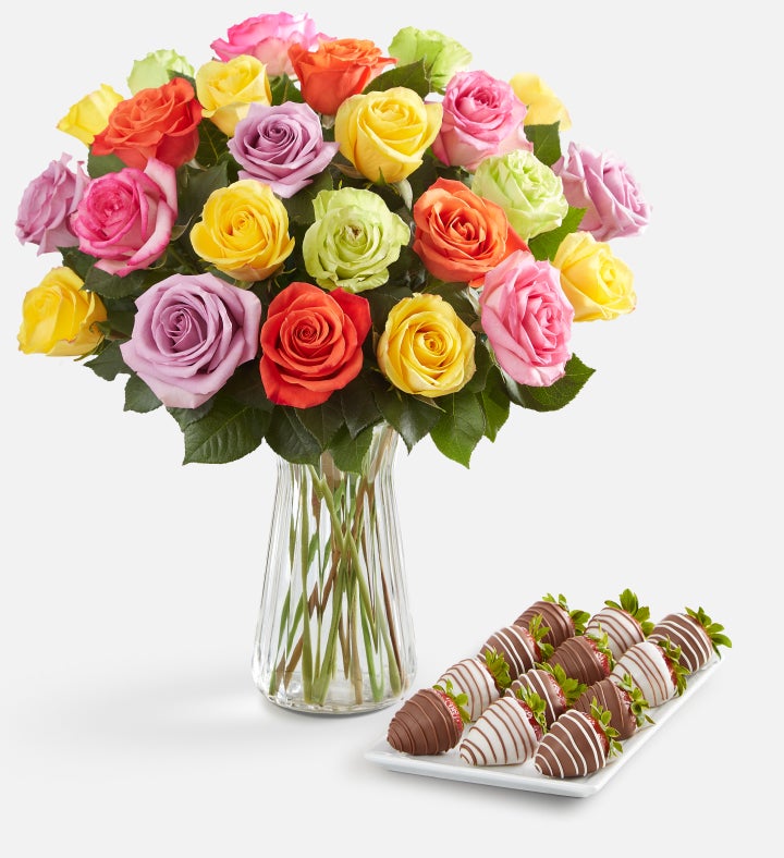 Deliciously Decadent™ Assorted Roses & Drizzled Strawberries