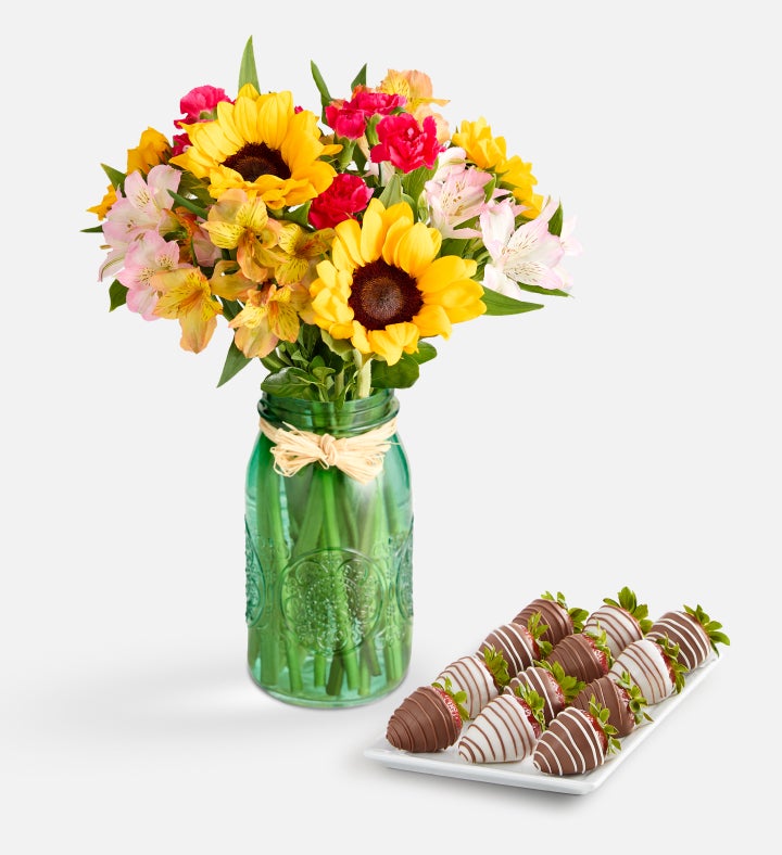 Warm Sunset Bouquet with Gourmet Drizzled Strawberries