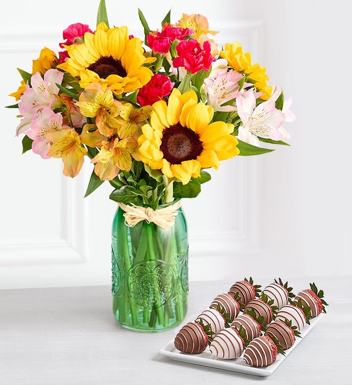 Warm Sunset Bouquet with Gourmet Drizzled Strawberries