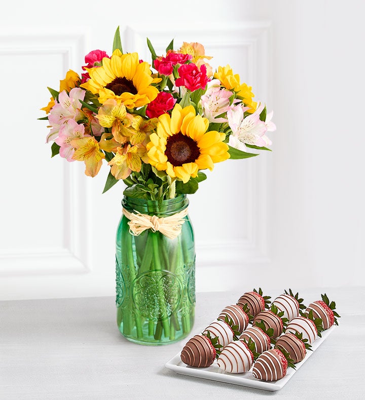 Warm Sunset Bouquet with Gourmet Drizzled Strawberries